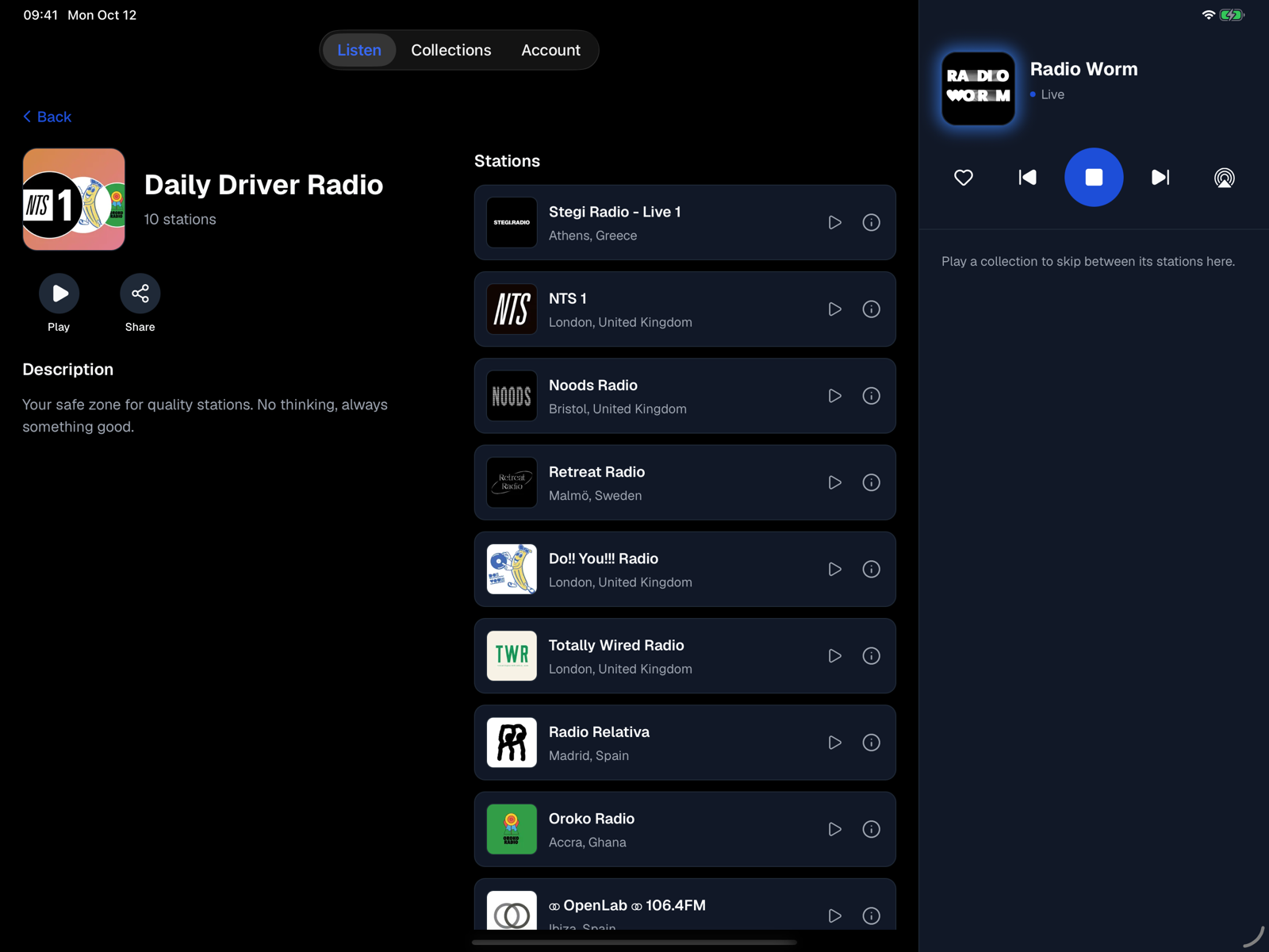 Commons Radio op iPad — de Daily Driver Radio-collectie met stations en de radiospeler